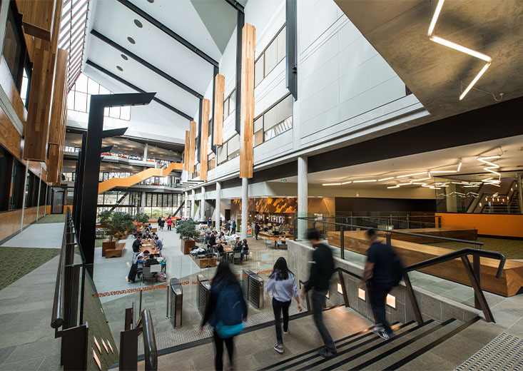 Busy common area of one of La Trobe University's buildings.