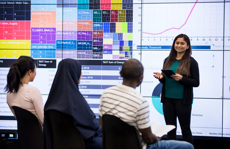 business analytics class reviewing charts and graphs projected on wall